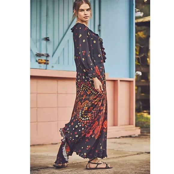 New Free People Talsey Floral Maxi Dress $198 X-SMALL Black Combo Long Sleeve - Picture 4 of 7